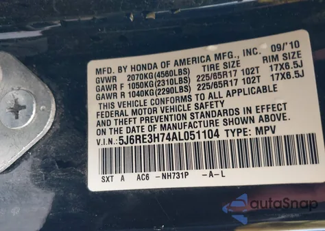 2010 Honda Cr-V Ex-L z USA, uszkodzony, nr VIN 5J6RE3H74AL051104